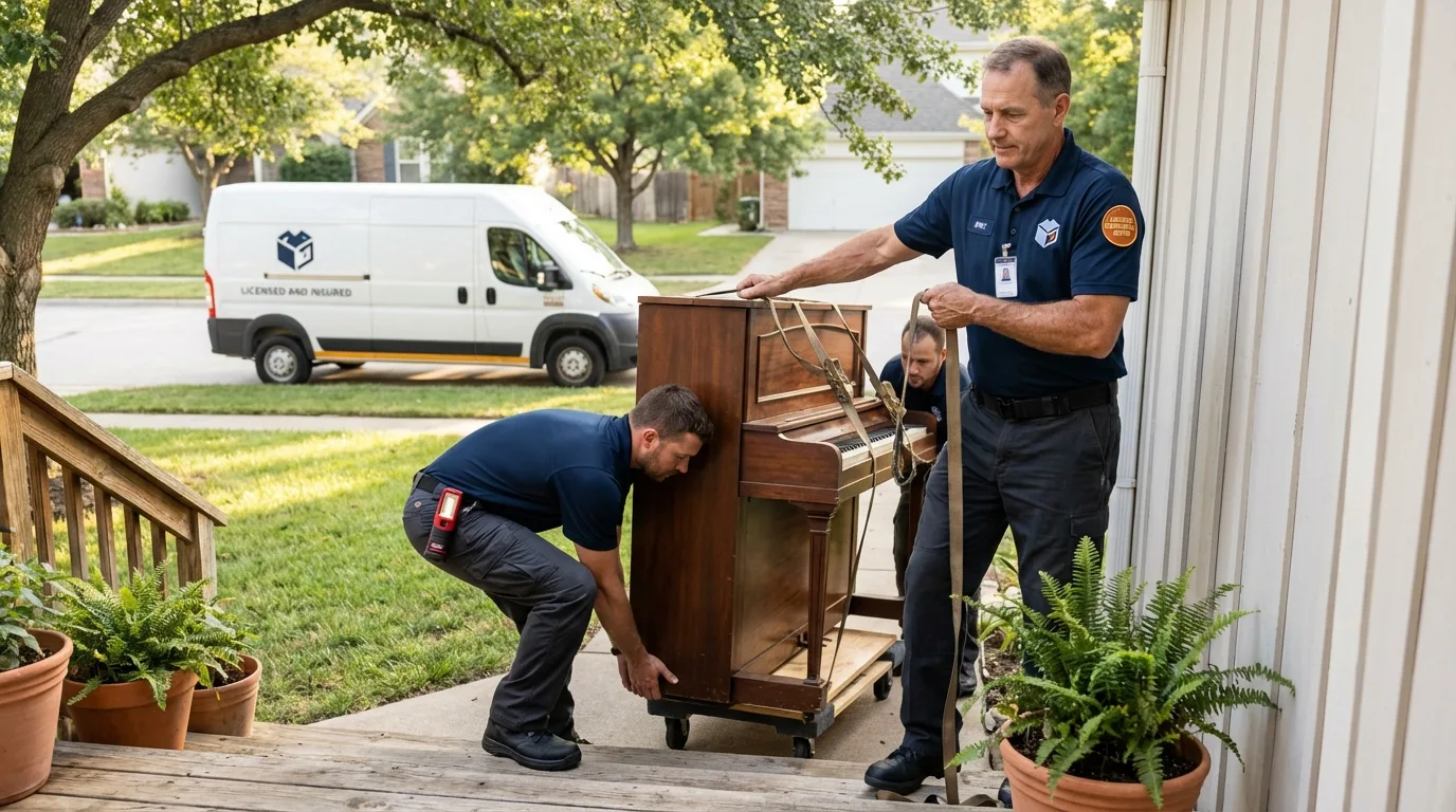 Licensed piano movers securing grand piano in North Reading, MA