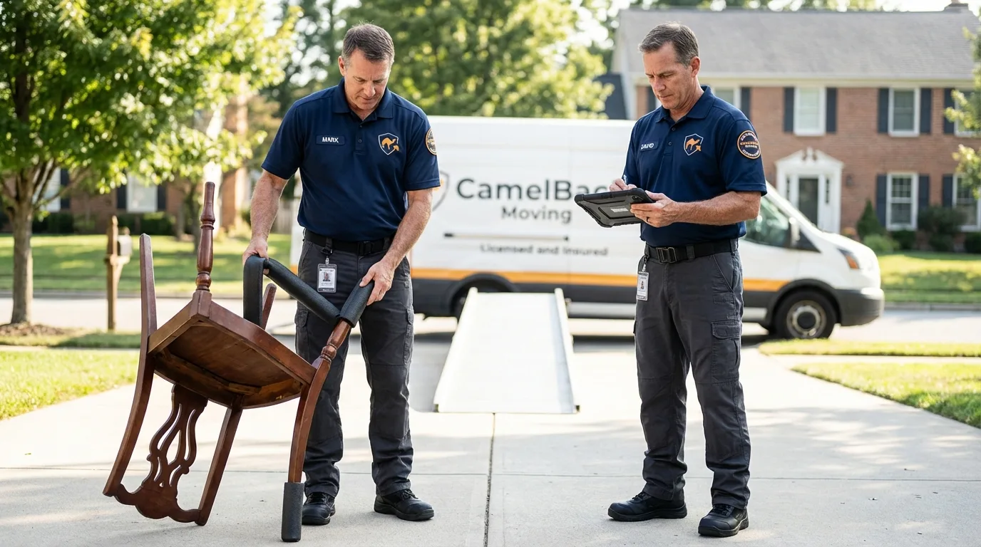 Movers inspecting furniture for damage prevention before loading in North Reading, MA