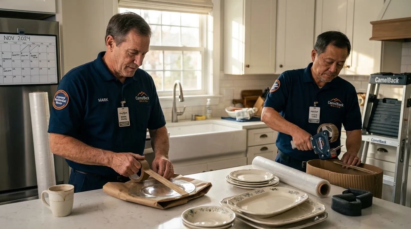 Professional crew packing kitchen dishware in North Reading, MA
